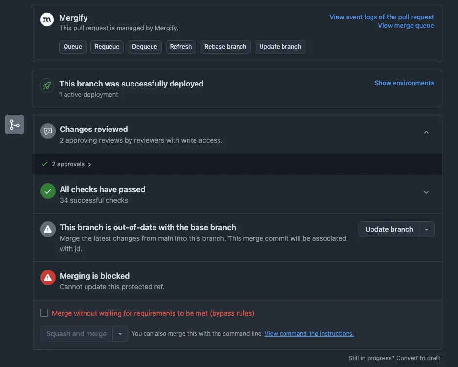 Mergify browser extension toolbar injected into a GitHub pull request